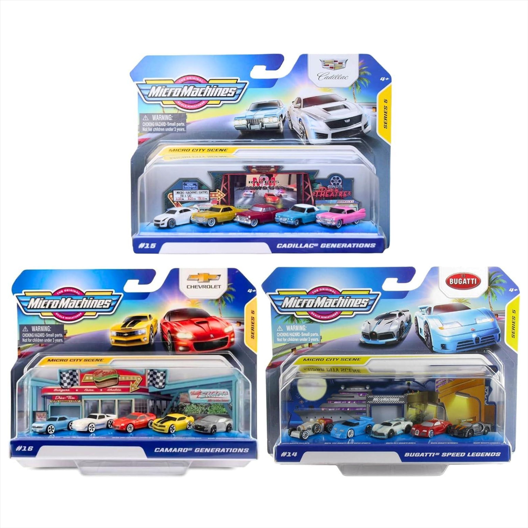 Micro Machines Collectors Gift Set - World Pack Series 5 Complete Set of All 3 - #14 Bugatti Speed Legends, 15 Caddillac Genereations & #16 Camaro Generations - Toptoys2u