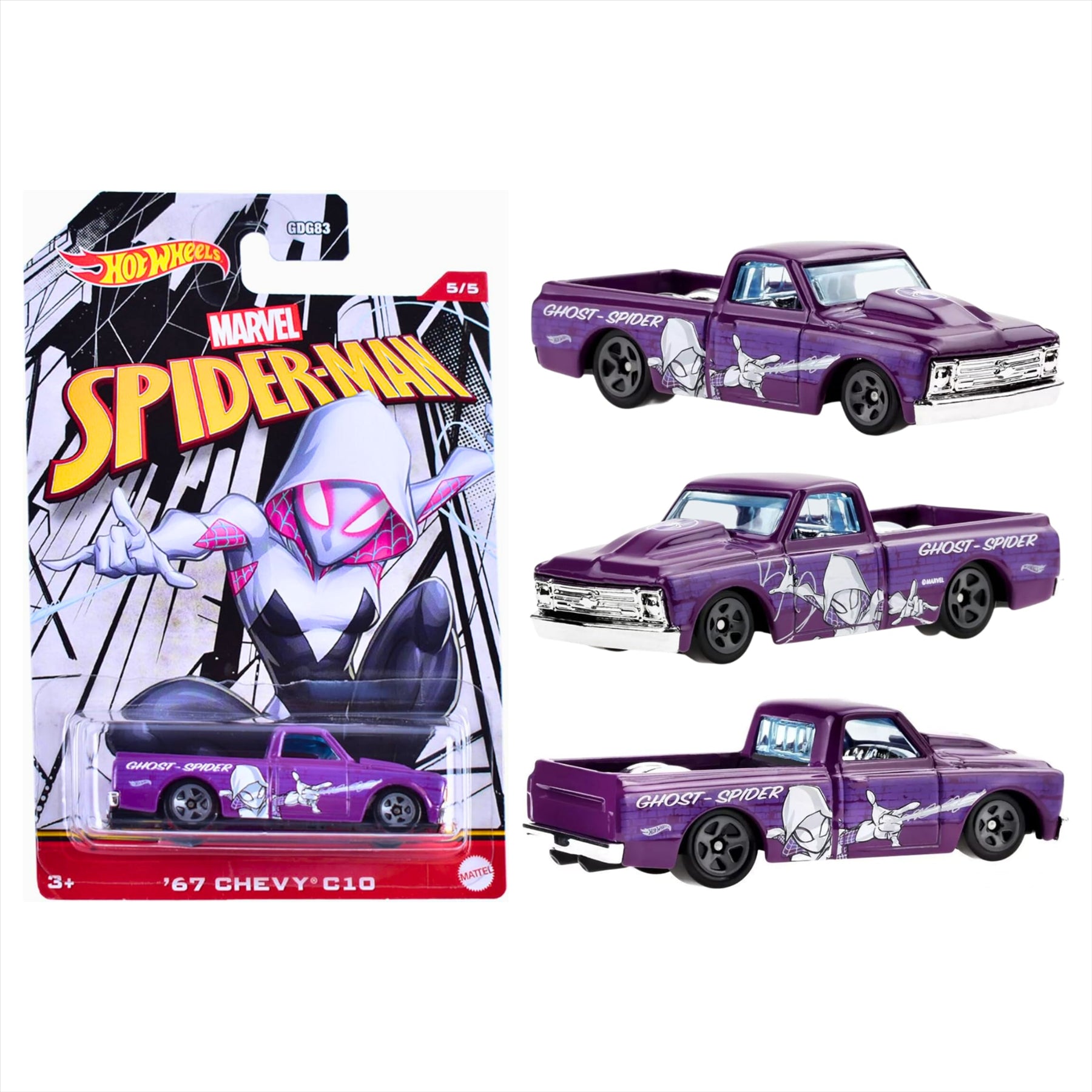 Hot Wheels Character Cars Marvel Spiderman 1:64 Scale Diecast Model Vehicles - Spider Girl Circle Tracker, Green Goblin Camaro Z28, & Ghost Spider 67 Chevy - Pack of 3 - Toptoys2u