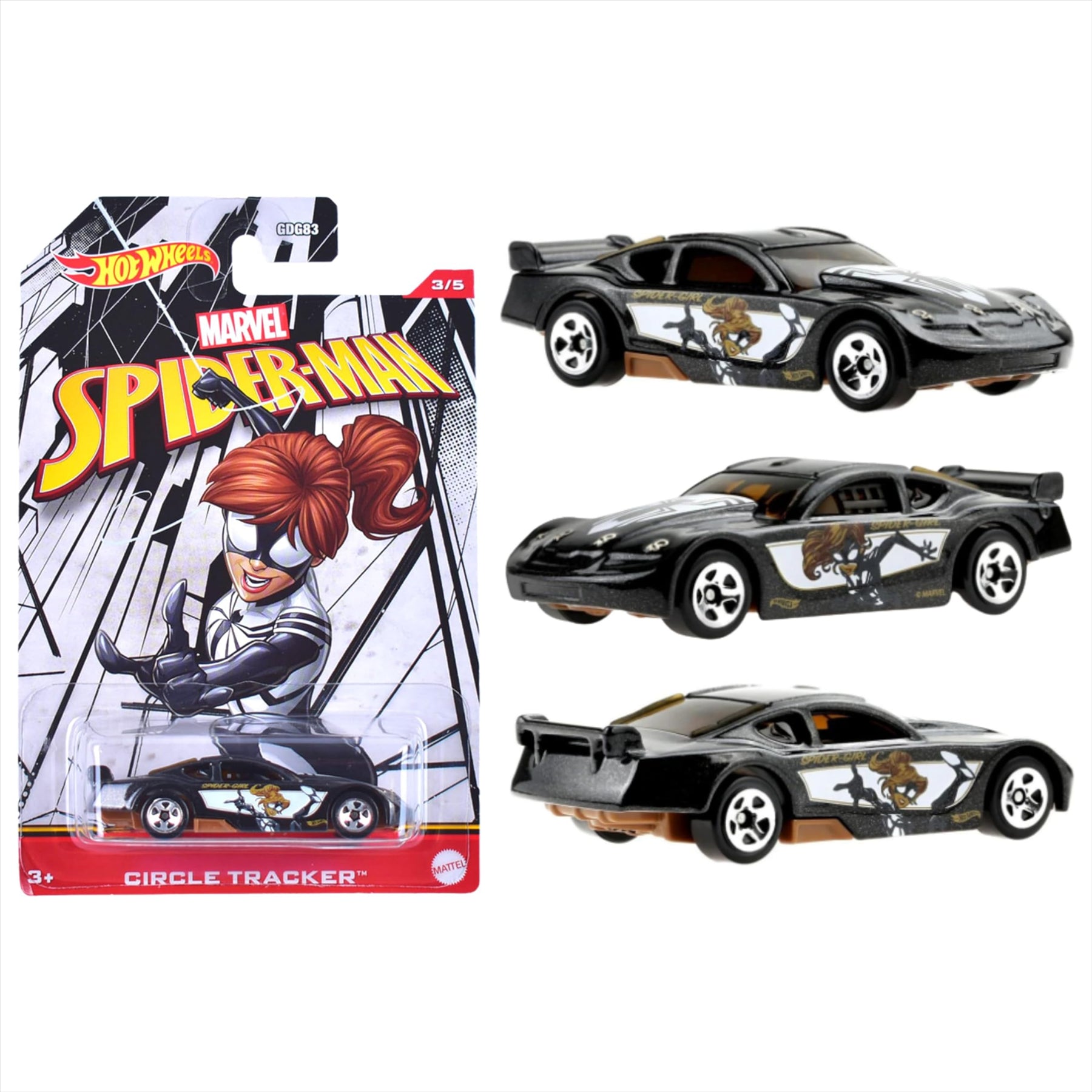 Hot Wheels Character Cars Marvel Spiderman 1:64 Scale Diecast Model Vehicles - Spider Girl Circle Tracker, Green Goblin Camaro Z28, & Ghost Spider 67 Chevy - Pack of 3 - Toptoys2u