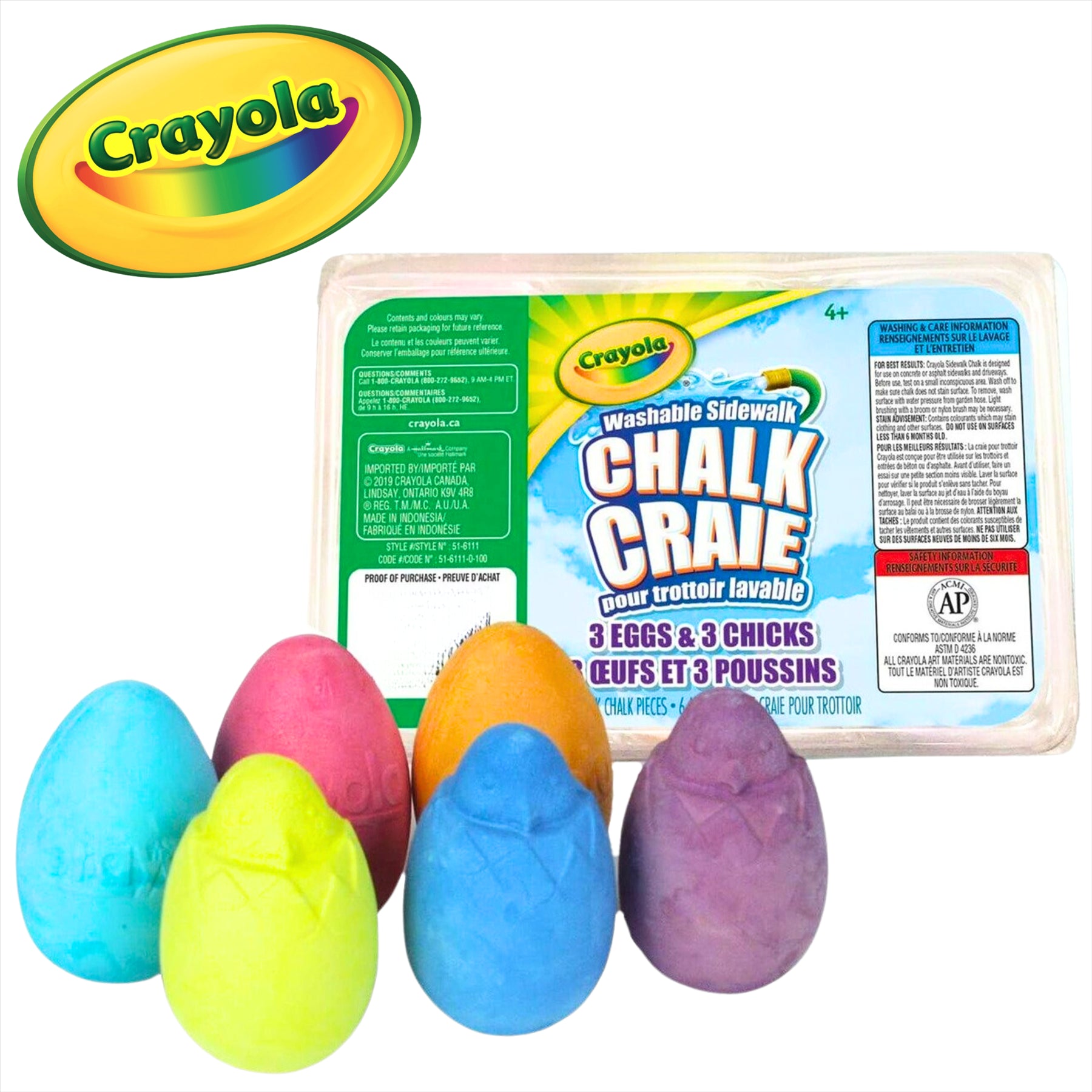 Crayola Washable Sidewalk Chalk Eggs - Pack of 6 - 3x Eggs & 3x Chicks - Toptoys2u