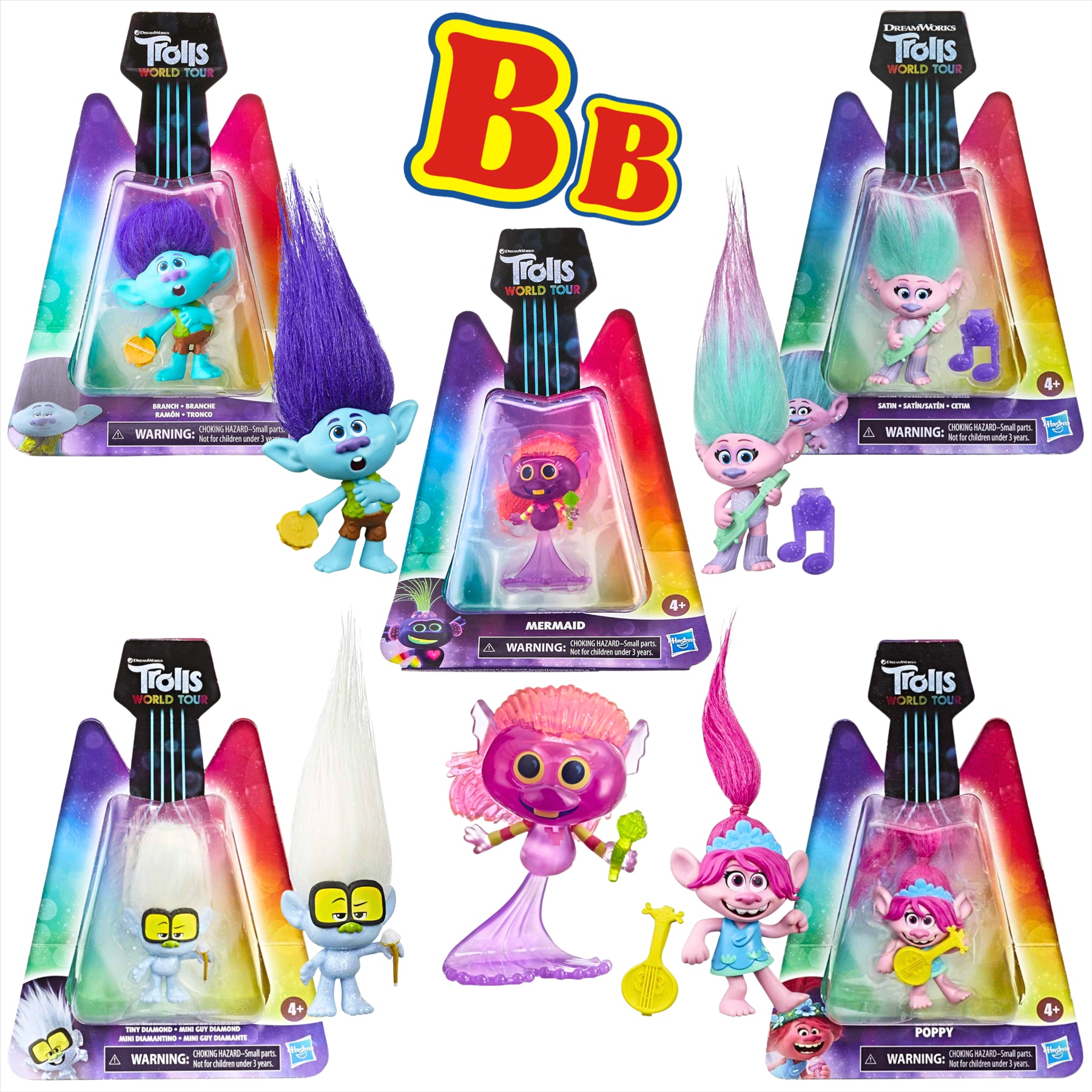 Trolls World Tour Miniature Toy Figures with Musical Instrument Accessories - Pack of 5 - Branch, Satin, Mermaid, Tiny Diamond, & Poppy - Toptoys2u