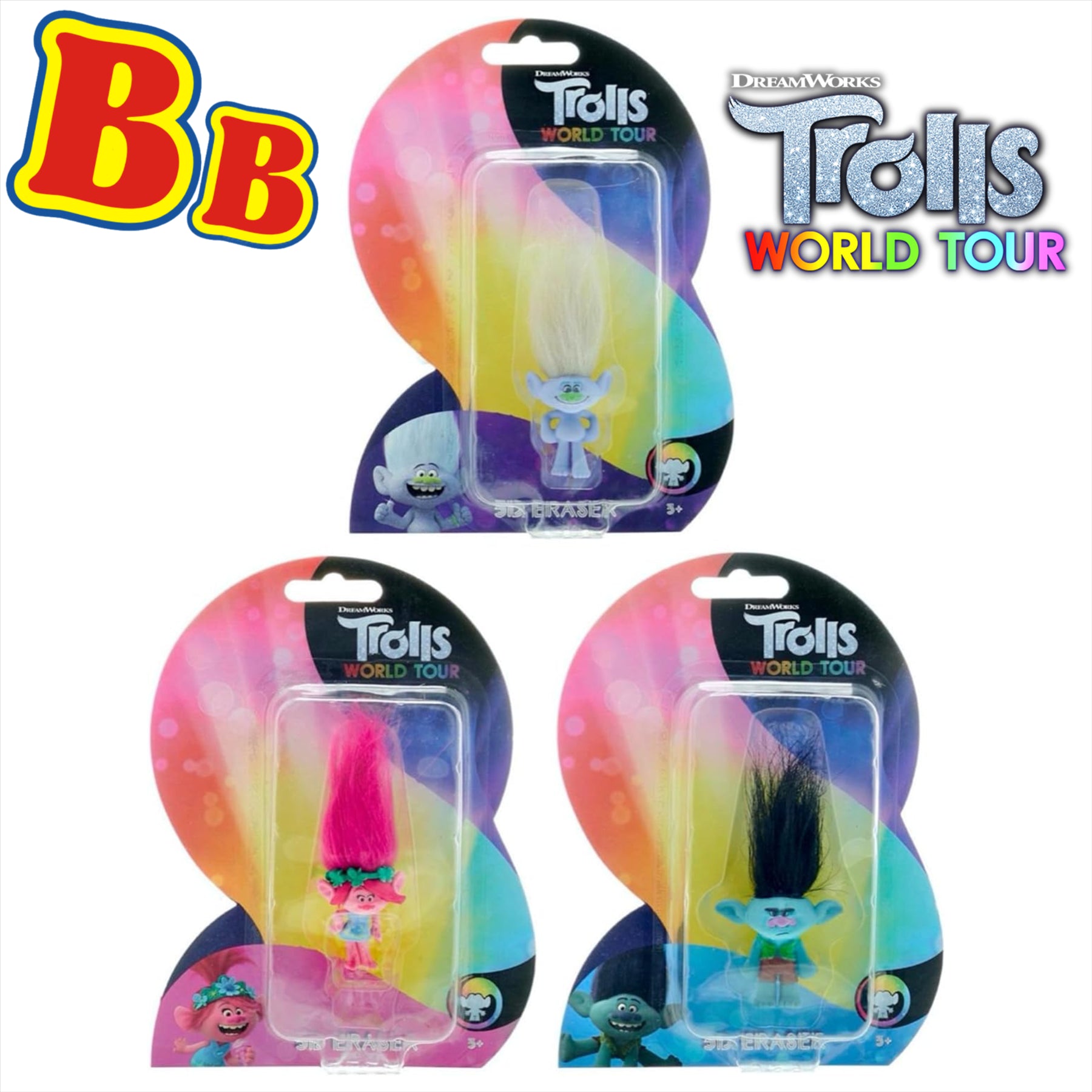Trolls 3D Rubber Eraser Stationery Set Pack of 3 - Poppy, Branch, and Guy Diamond - Toptoys2u