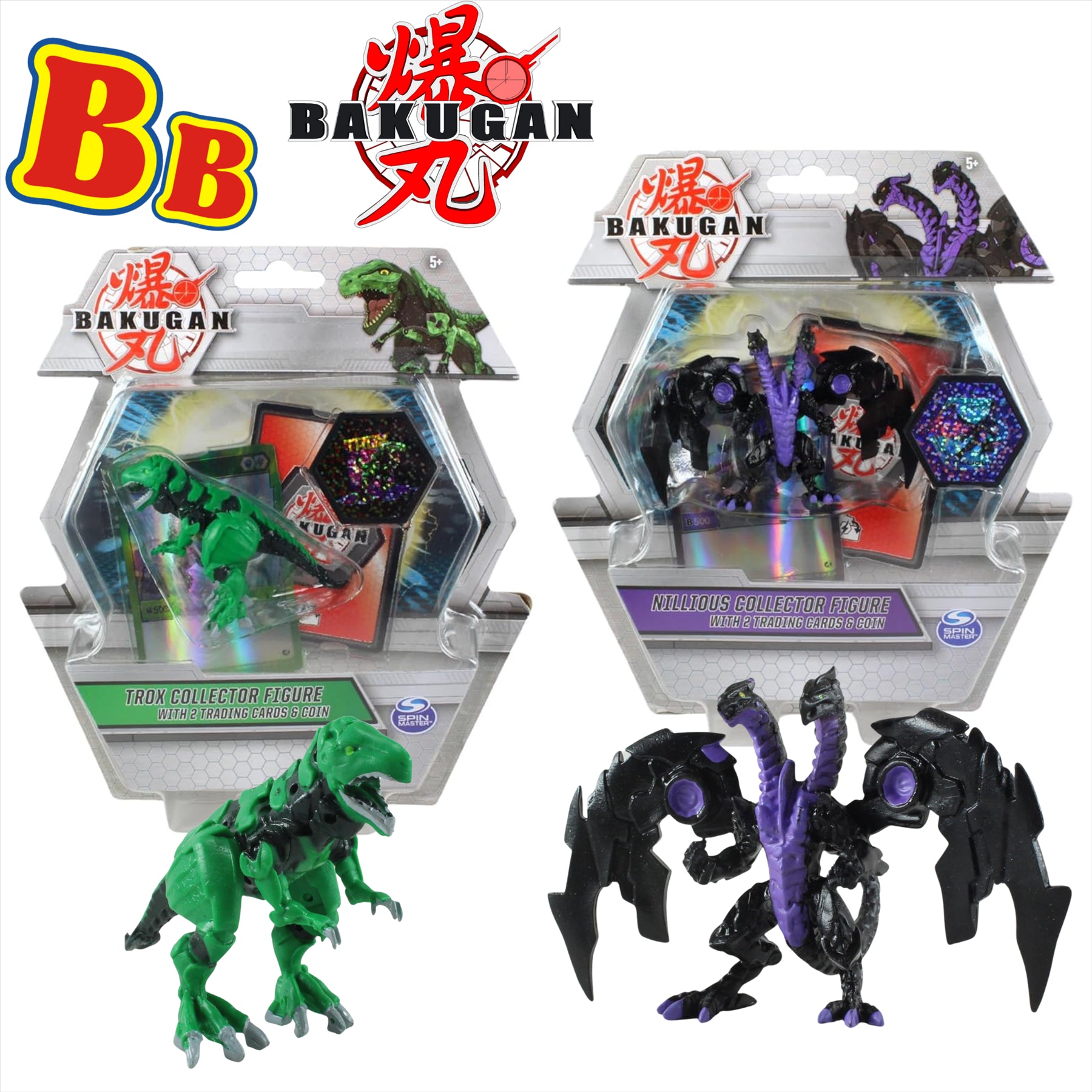 Bakugan - Nillious Purple & Trox Green Deluxe Collector Figure Bundles With 2x Cards & Coin In Each Pack - Toptoys2u