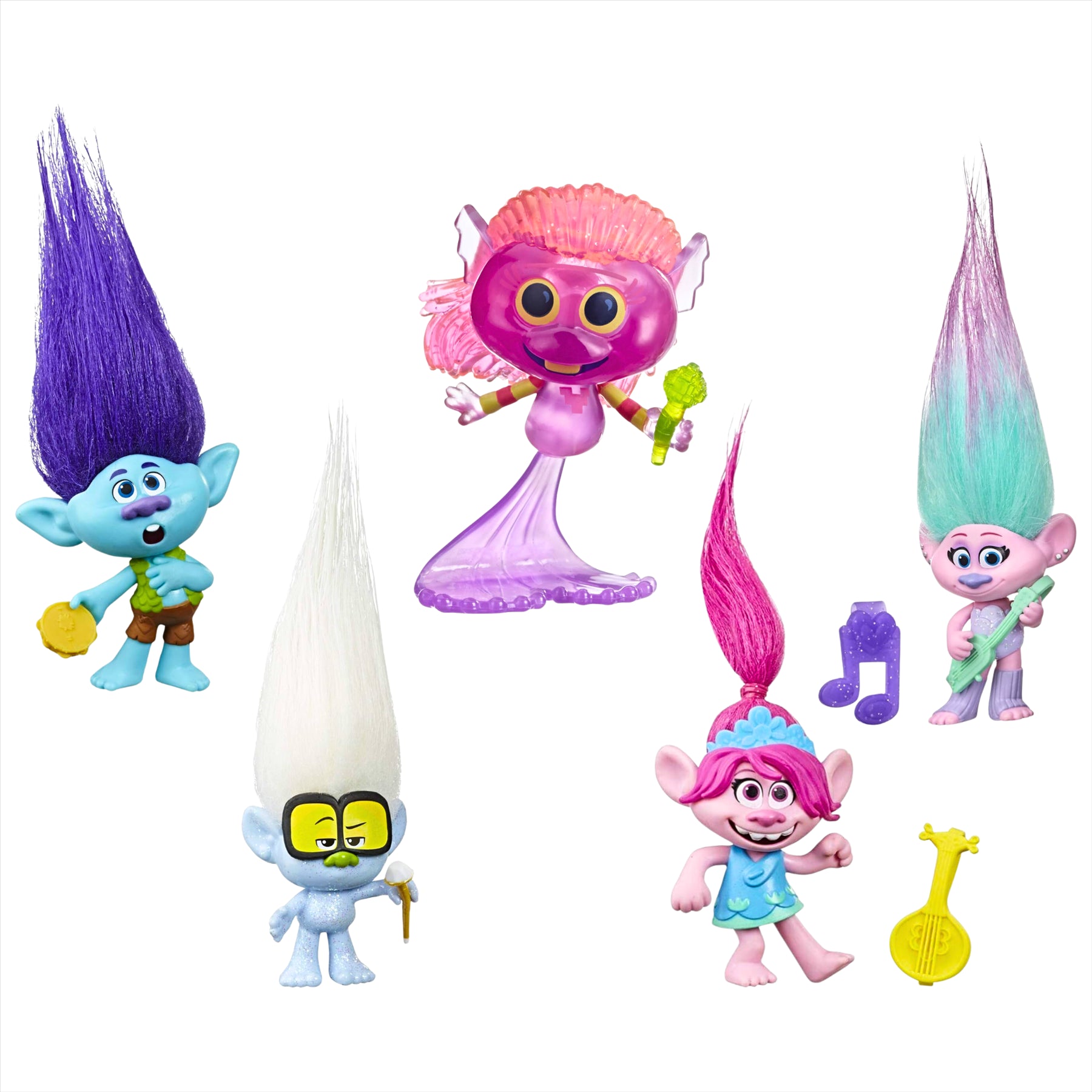 Trolls World Tour Miniature Toy Figures with Musical Instrument Accessories - Pack of 5 - Branch, Satin, Mermaid, Tiny Diamond, & Poppy - Toptoys2u