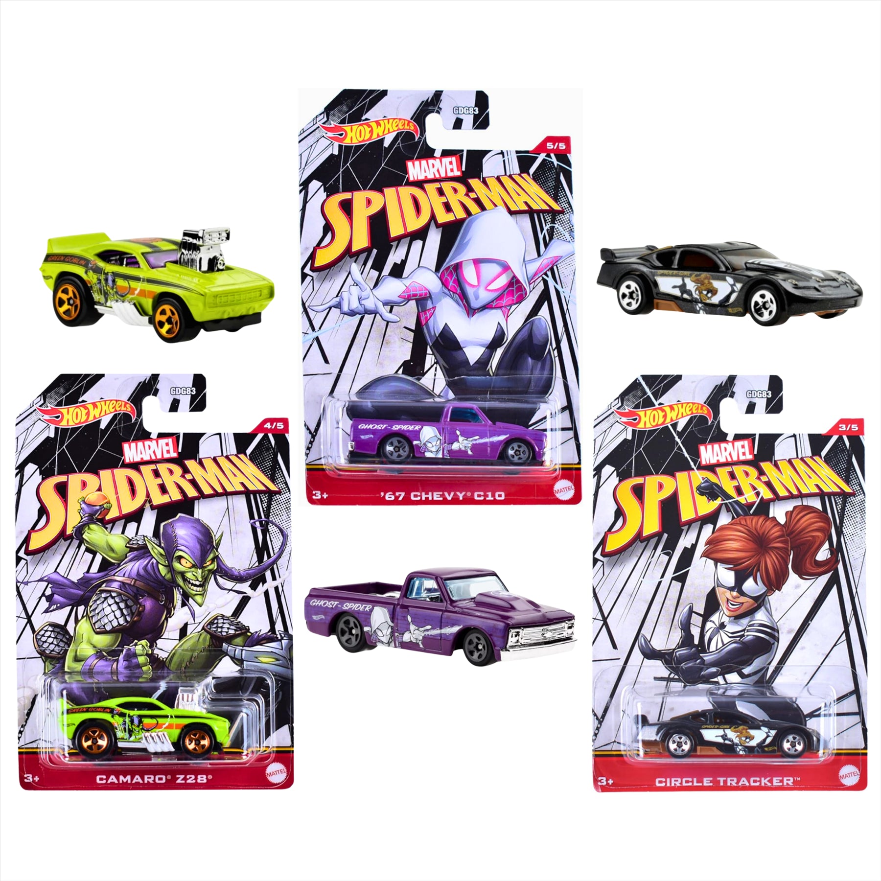 Hot Wheels Character Cars Marvel Spiderman 1:64 Scale Diecast Model Vehicles - Spider Girl Circle Tracker, Green Goblin Camaro Z28, & Ghost Spider 67 Chevy - Pack of 3 - Toptoys2u