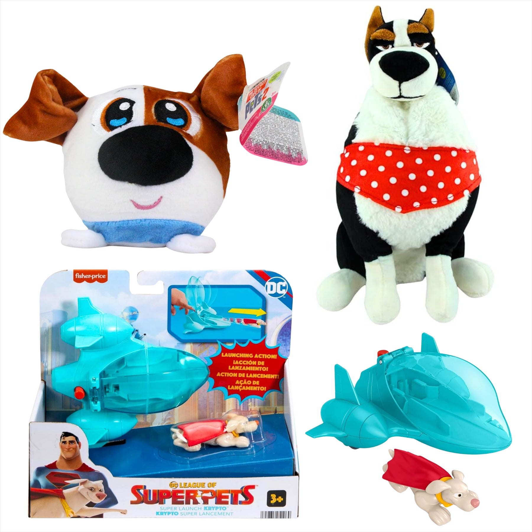 Secret Life of Pets Rooster 25cm Plush, Max 15cm Slo Foam Plush, and DC League of Super Pets Super Launch Krypto Playset - 3-Piece Bundle - Toptoys2u