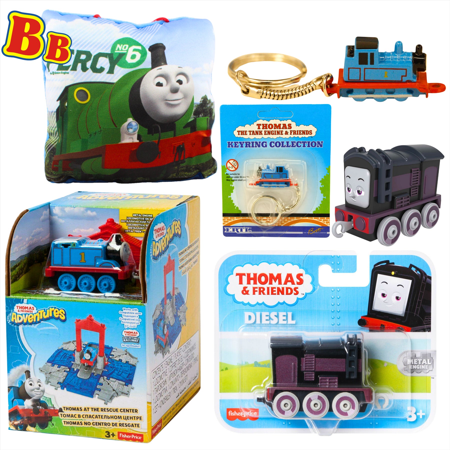 Thomas and Friends Rescue Center Playset, Diecast Thomas Keyring, Diesel Diecast Metal Engine Figure, and Percy 12cm Pillow - Toptoys2u