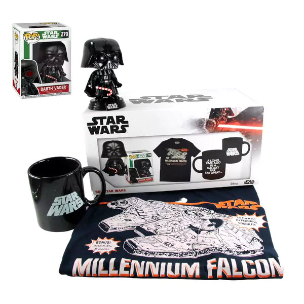 WOOTBOX Star Wars – Funko POP! Darth Vader Vinyl Figure & Star Wars 350ml Mug & Millennium Falcon T-Shirt – Size M - Toptoys2u