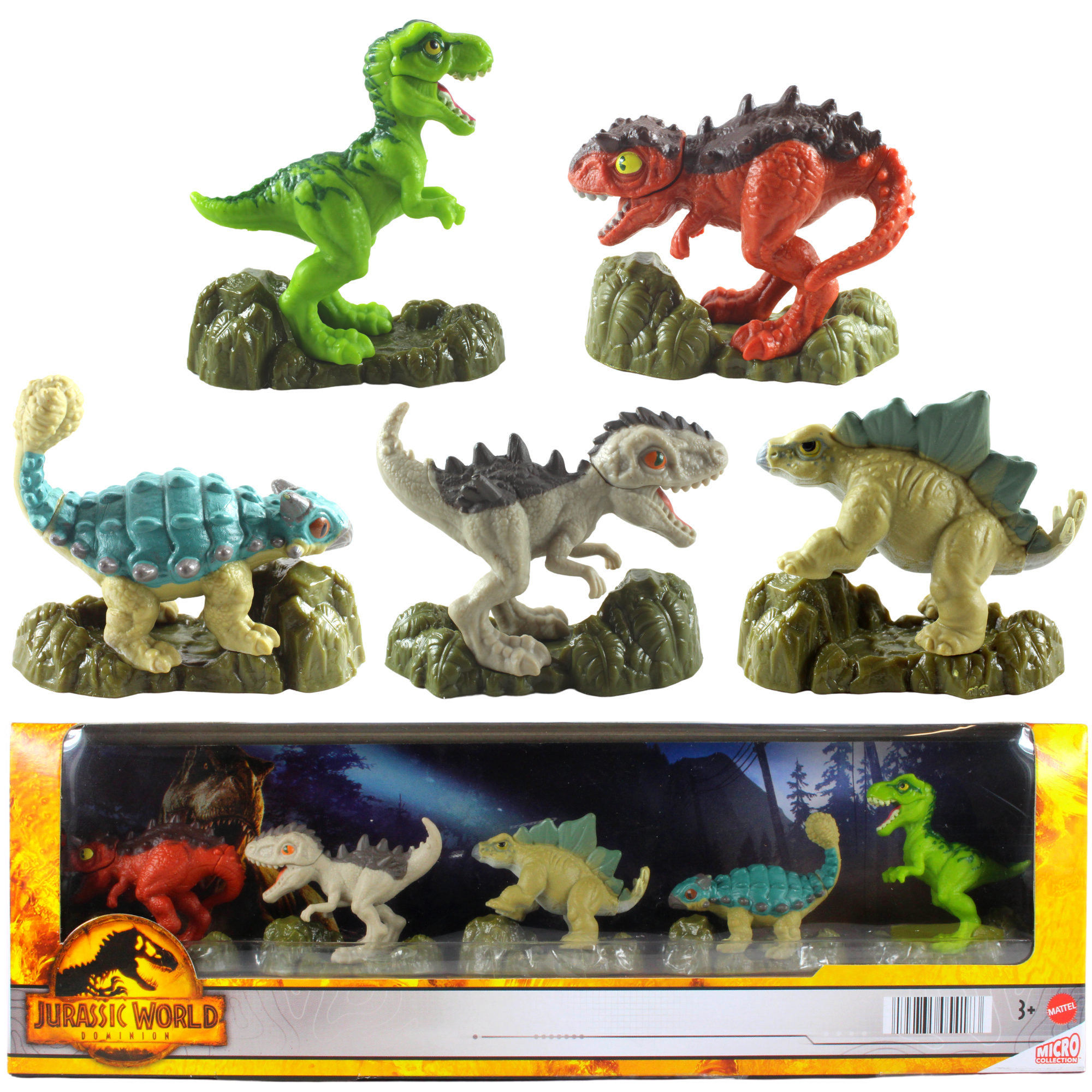 Jurassic World Dominion - Highly Detailed & Collectible 2" 5cm Dinosaur Figure Pack of 5 - Tyrannosaurus Rex, Carnotaurus, Indominous Rex, Stegosaurus & Ankylosaurus - Toptoys2u