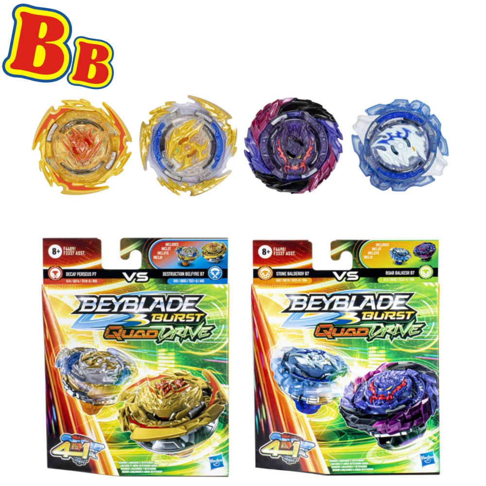 Beyblade Burst Quad Drive - Stone Balderov B7, Roar Balkesh B7, Decay Perseus P7, Destruction Belfyre B7 - Twin Pack - Toptoys2u