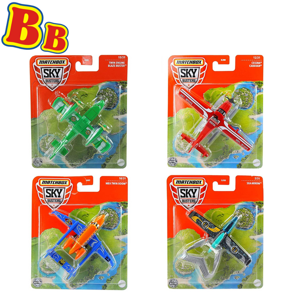 Matchbox Sky Busters Diecast Models 4 Pack Bundle Ocean Theme - Twin Engine Blaze Buster, Cessna Caravan, MBX Twin Boom & Sea Arrow - Toptoys2u