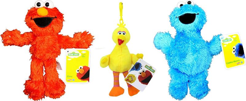 Sesame Street - 9" 23cm Plush Elmo, Cookie Monster & 7" 18cm Big Bird Clip - Toptoys2u