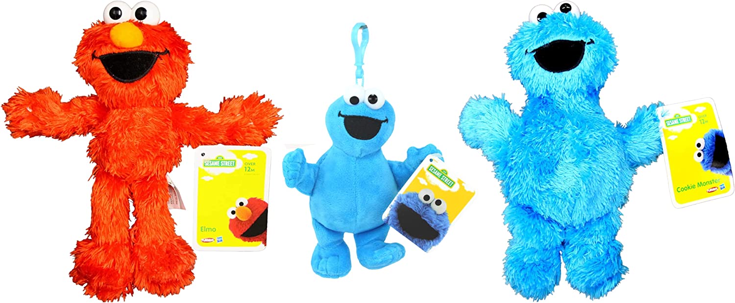 Sesame Street - 9" 23cm Plush Elmo, Cookie Monster & 6" 15cm Cookie Monster Clip - Toptoys2u